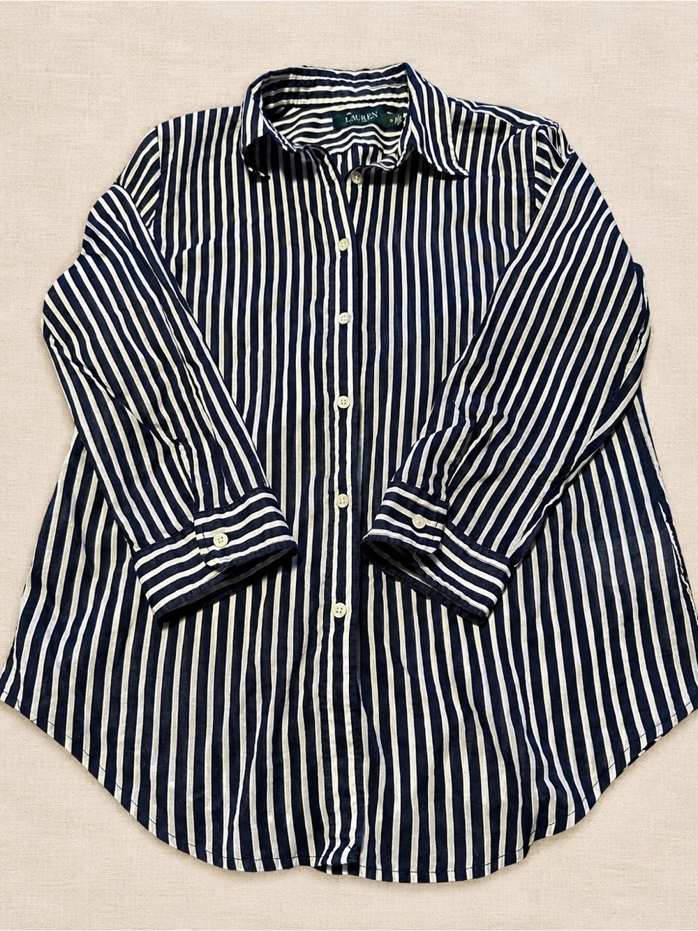 Lauren Ralph Lauren Navy White Striped Cotton Shirt M